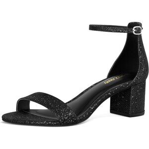 Women's Black Low Block Chunky Ankle Pump Strap Buckle Sandals Heels Shoes